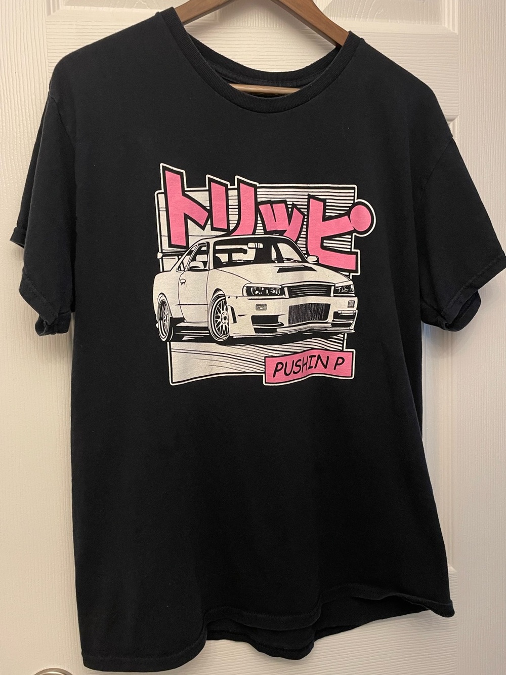 Pushin P Men's Black Graphic Tee with Pink Accents